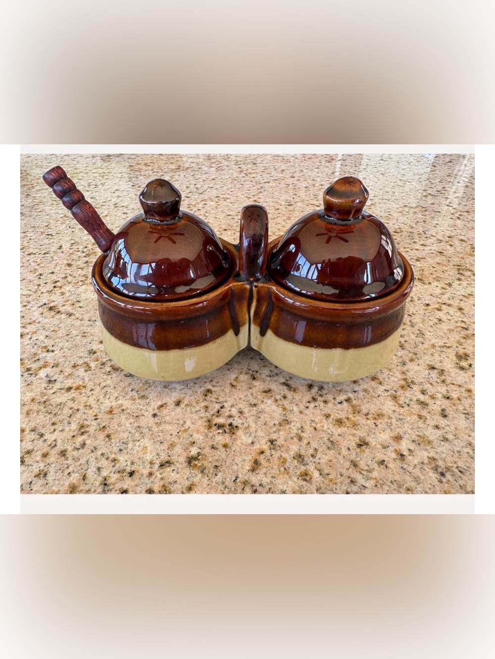 Double Ceramic Condiment Server Set in Brown and Cream with Wooden Spoon